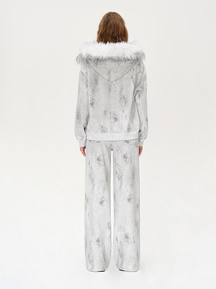AFTADAWN Wax Dyed Patchwork Loose Fit Removable Fur Women&