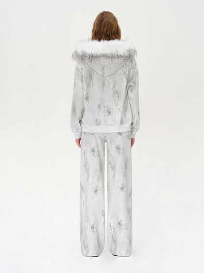 AFTADAWN Wax Dyed Patchwork Loose Fit Removable Fur Women&