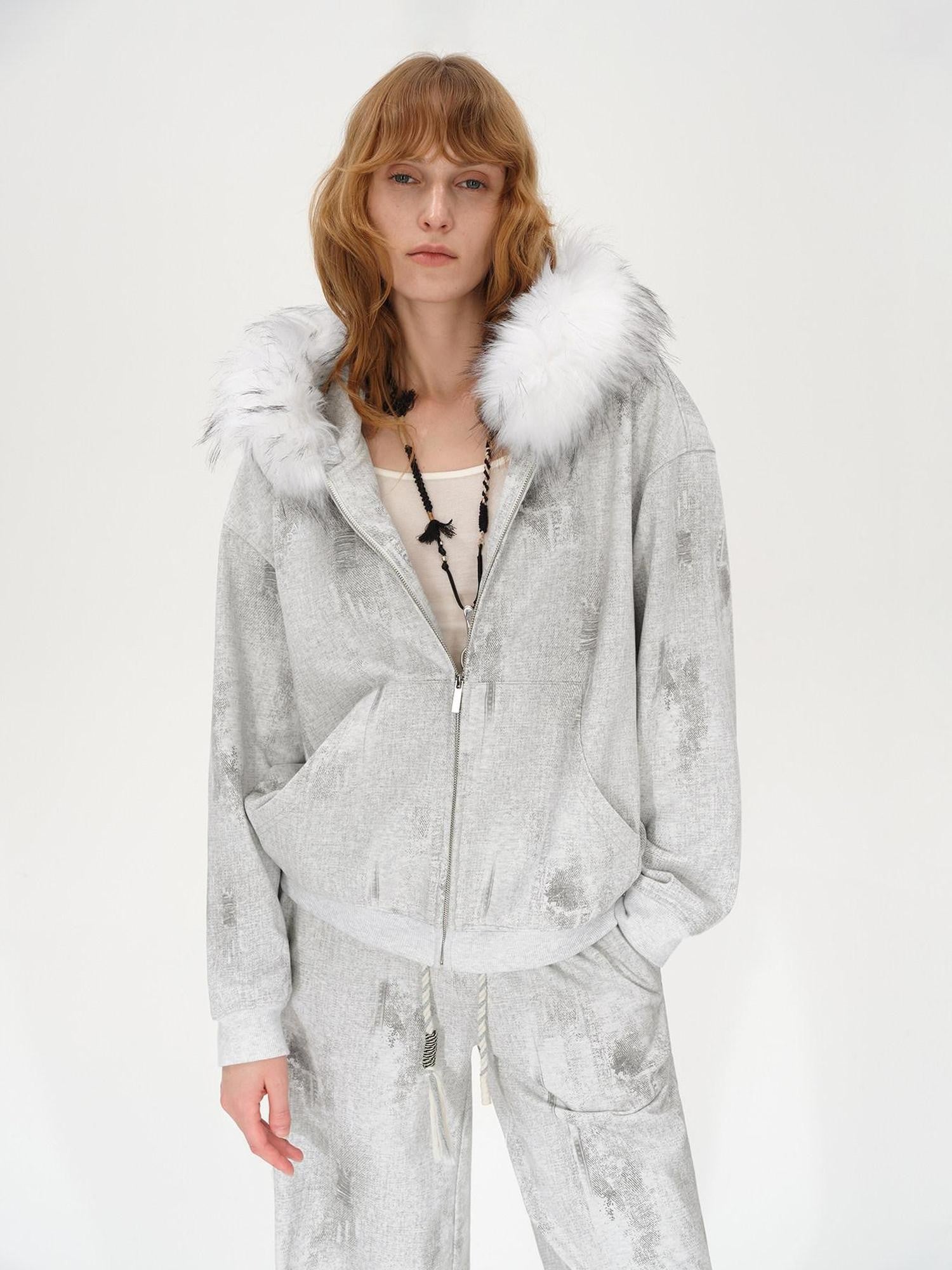 AFTADAWN Wax Dyed Patchwork Loose Fit Removable Fur Women&