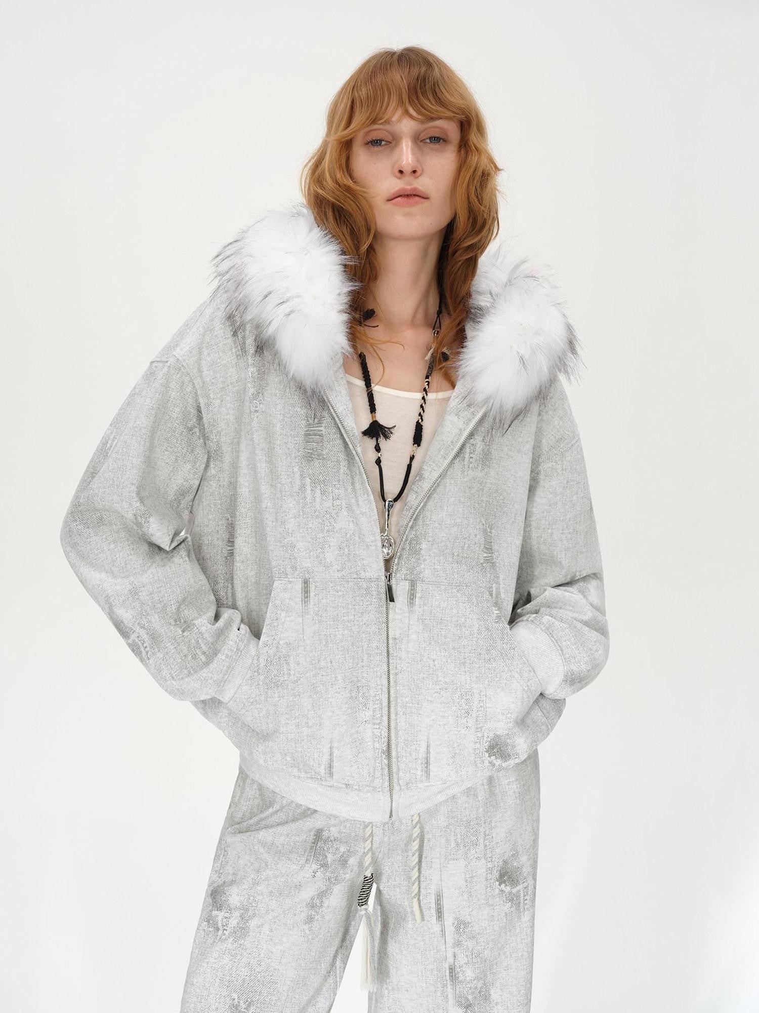 AFTADAWN Wax Dyed Patchwork Loose Fit Removable Fur Women&