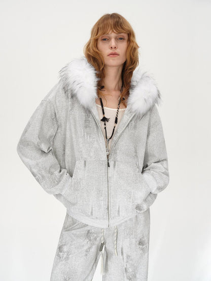 AFTADAWN Wax Dyed Patchwork Loose Fit Removable Fur Women&