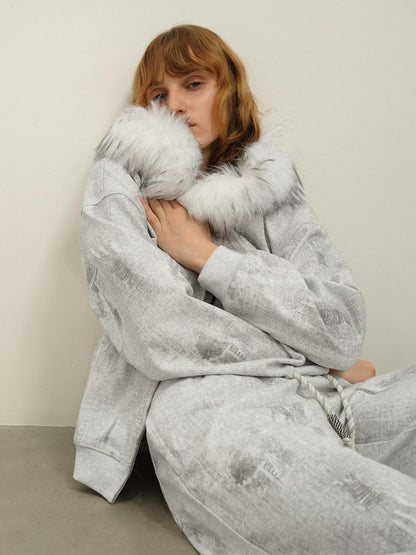 AFTADAWN Wax Dyed Patchwork Loose Fit Removable Fur Women&