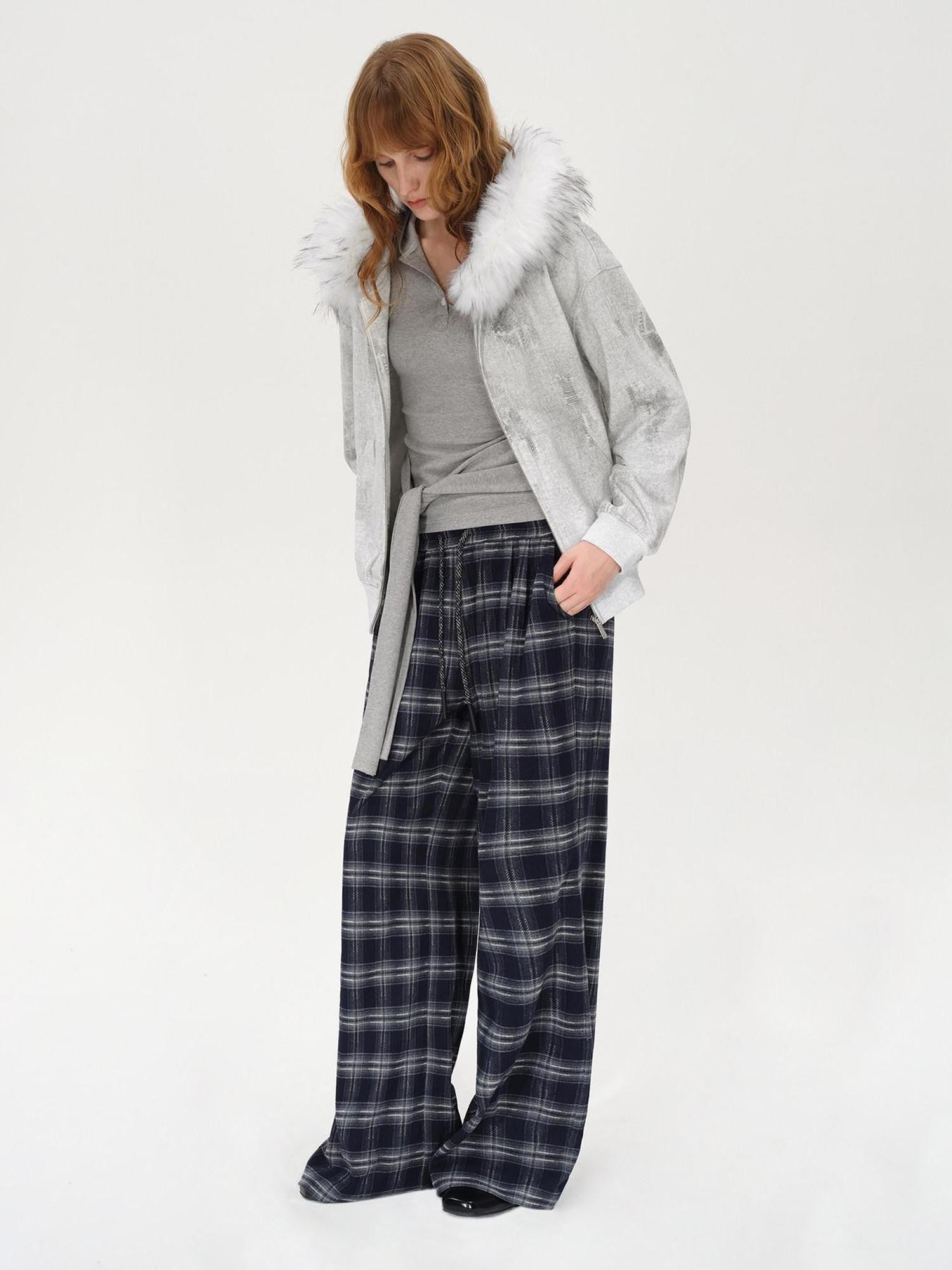 AFTADAWN Wax Dyed Patchwork Loose Fit Removable Fur Women&
