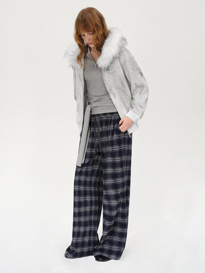 AFTADAWN Wax Dyed Patchwork Loose Fit Removable Fur Women&