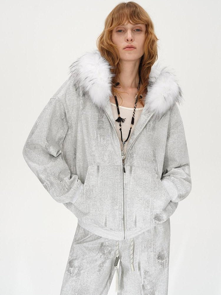 AFTADAWN Wax Dyed Patchwork Loose Fit Removable Fur Women&