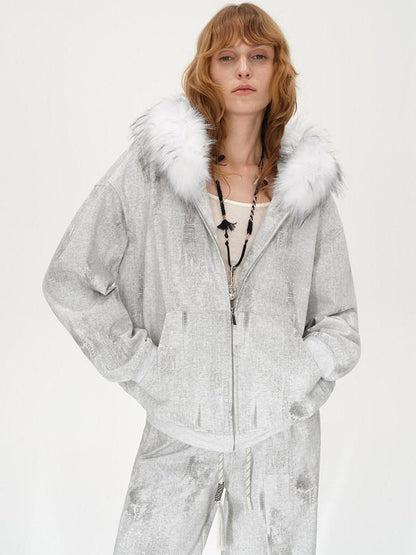 AFTADAWN Wax Dyed Patchwork Loose Fit Removable Fur Women&
