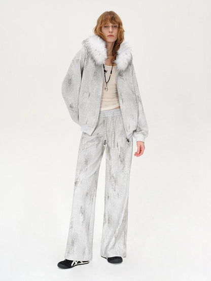 AFTADAWN Wax Dyed Patchwork Loose Fit Removable Fur Women&