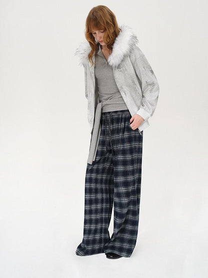 AFTADAWN Wax Dyed Patchwork Loose Fit Removable Fur Women&
