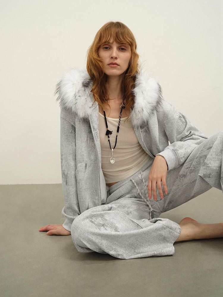 AFTADAWN Wax Dyed Patchwork Loose Fit Removable Fur Women&