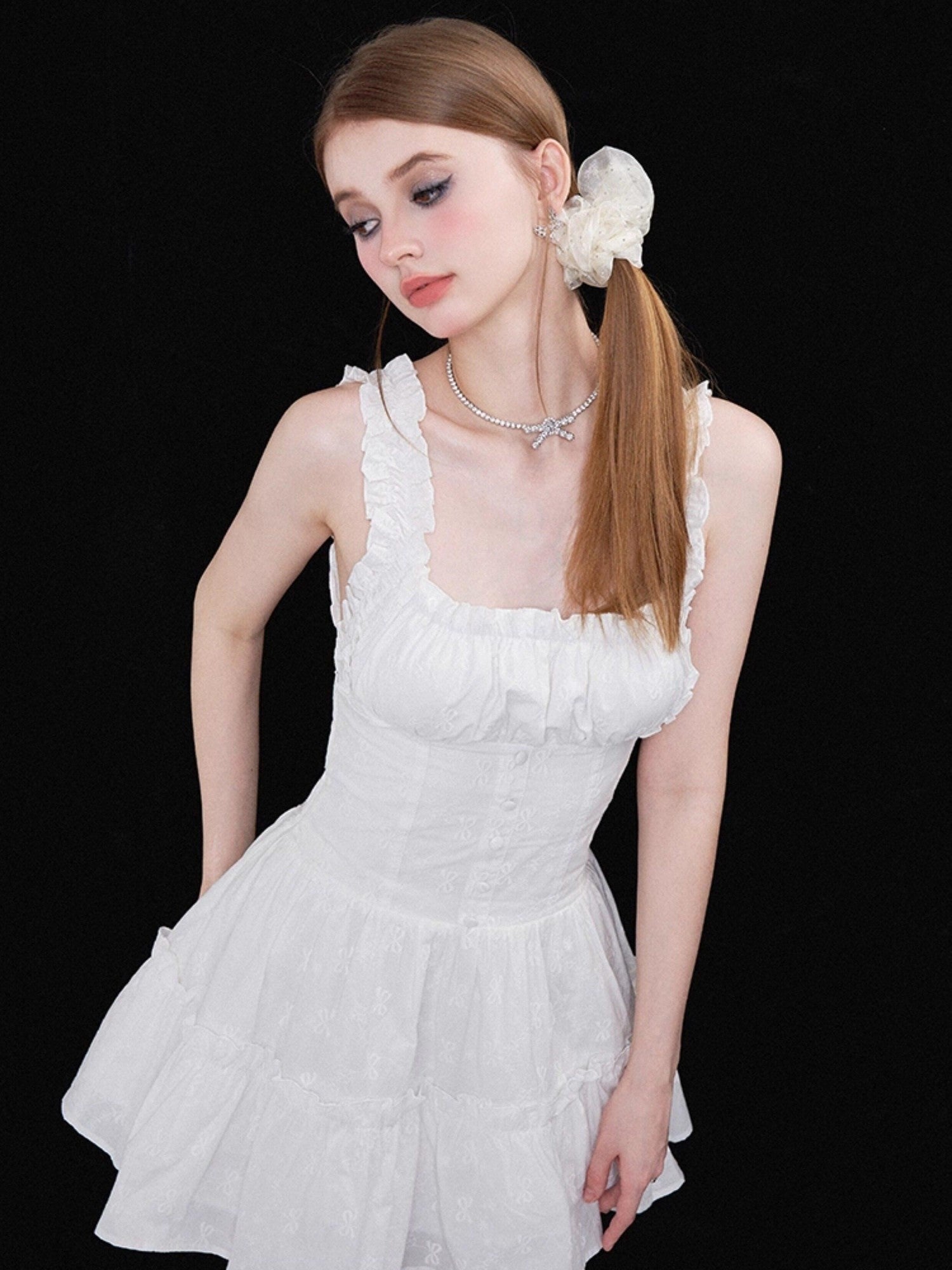 AFTADAWN White 3d Bow Embroidered Jacquard Gathered Women&