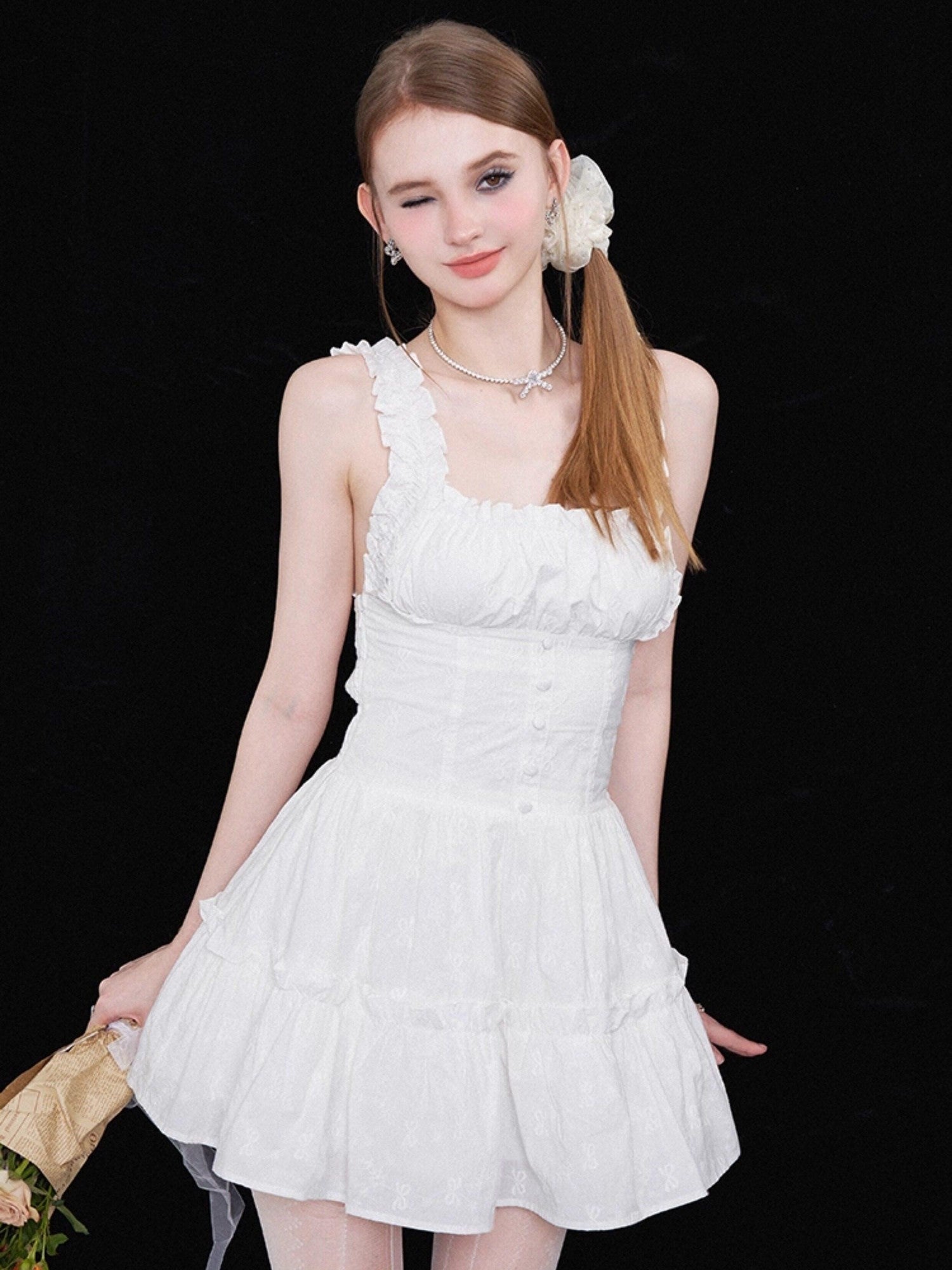 AFTADAWN White 3d Bow Embroidered Jacquard Gathered Women&