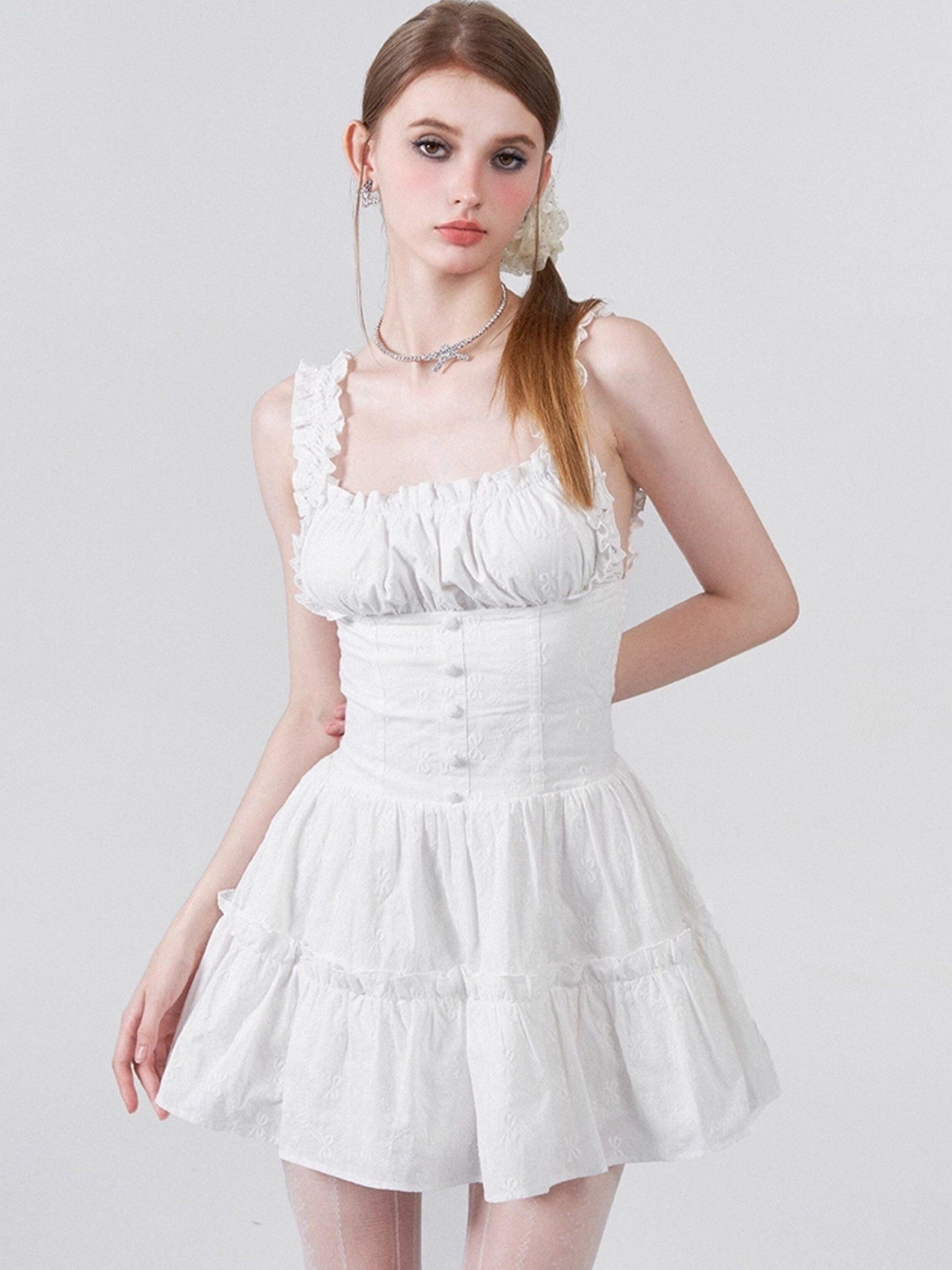 AFTADAWN White 3d Bow Embroidered Jacquard Gathered Women&