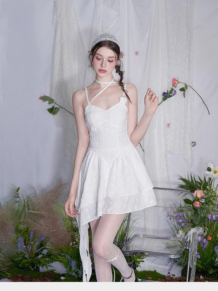 AFTADAWN White 3d Rose Ruched Asymmetrical V-neck Women&