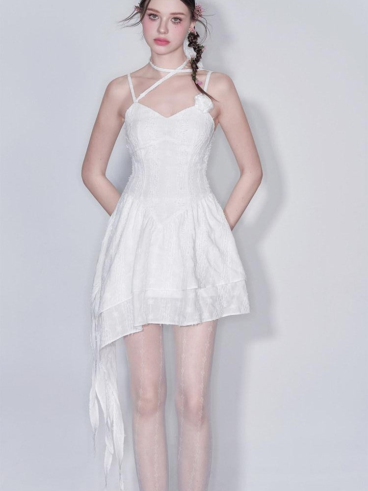 AFTADAWN White 3d Rose Ruched Asymmetrical V-neck Women&