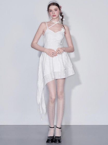 AFTADAWN White 3d Rose Ruched Asymmetrical V-neck Women&