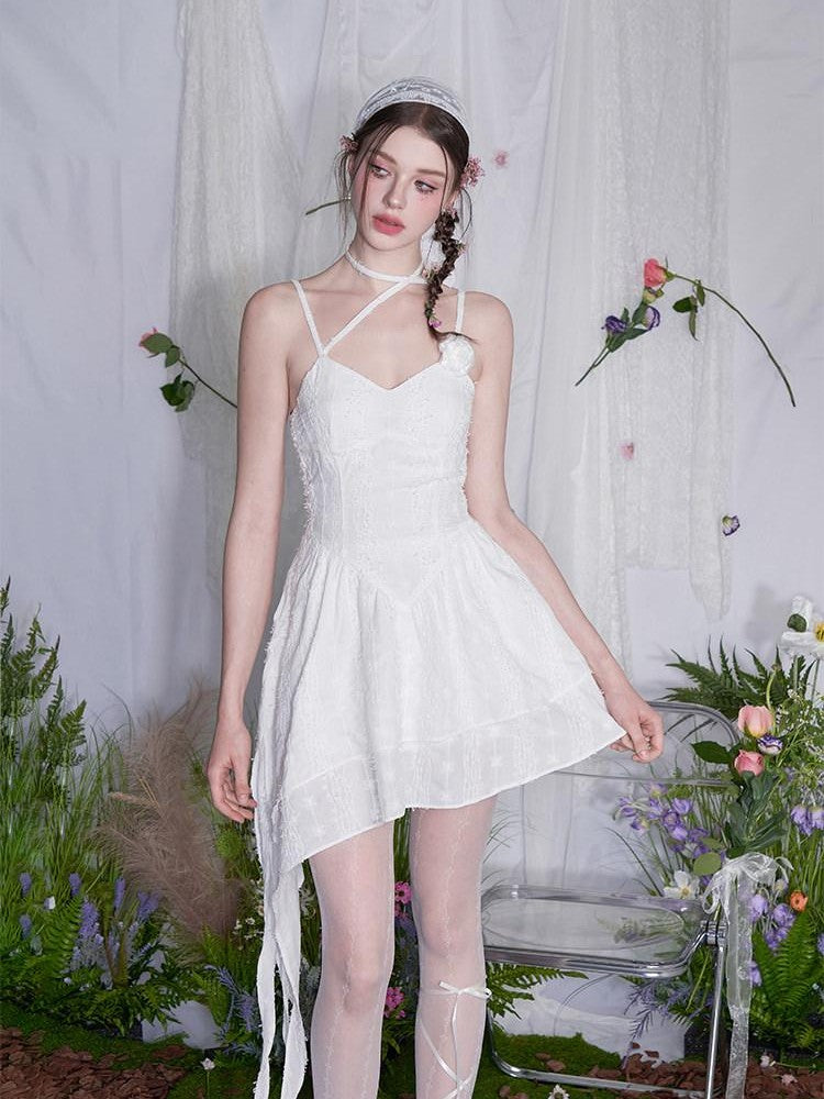 AFTADAWN White 3d Rose Ruched Asymmetrical V-neck Women&