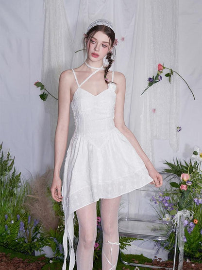 AFTADAWN White 3d Rose Ruched Asymmetrical V-neck Women&