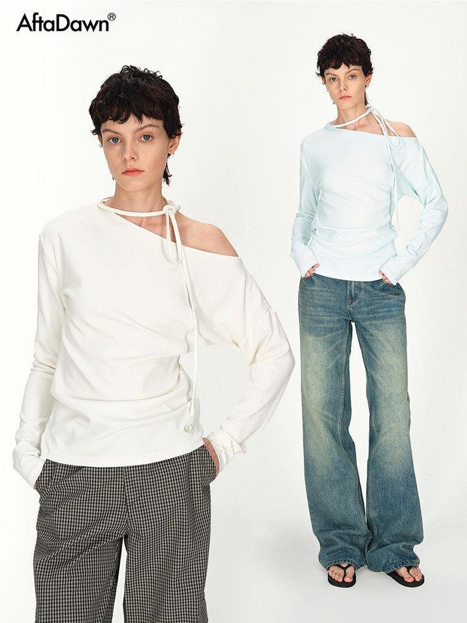 AFTADAWN White Asymmetric One Shoulder Tie Ruched Women&