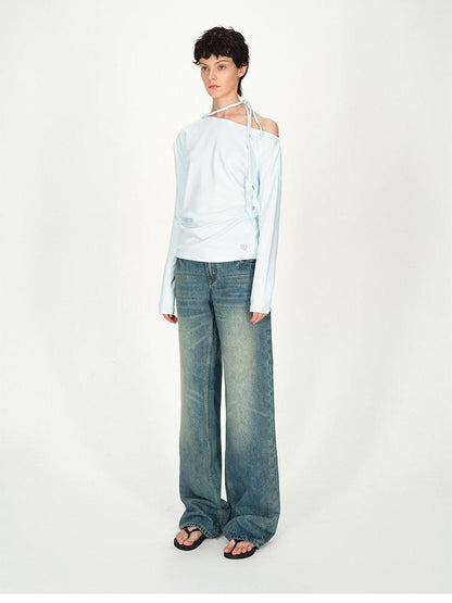AFTADAWN White Asymmetric One Shoulder Tie Ruched Women&