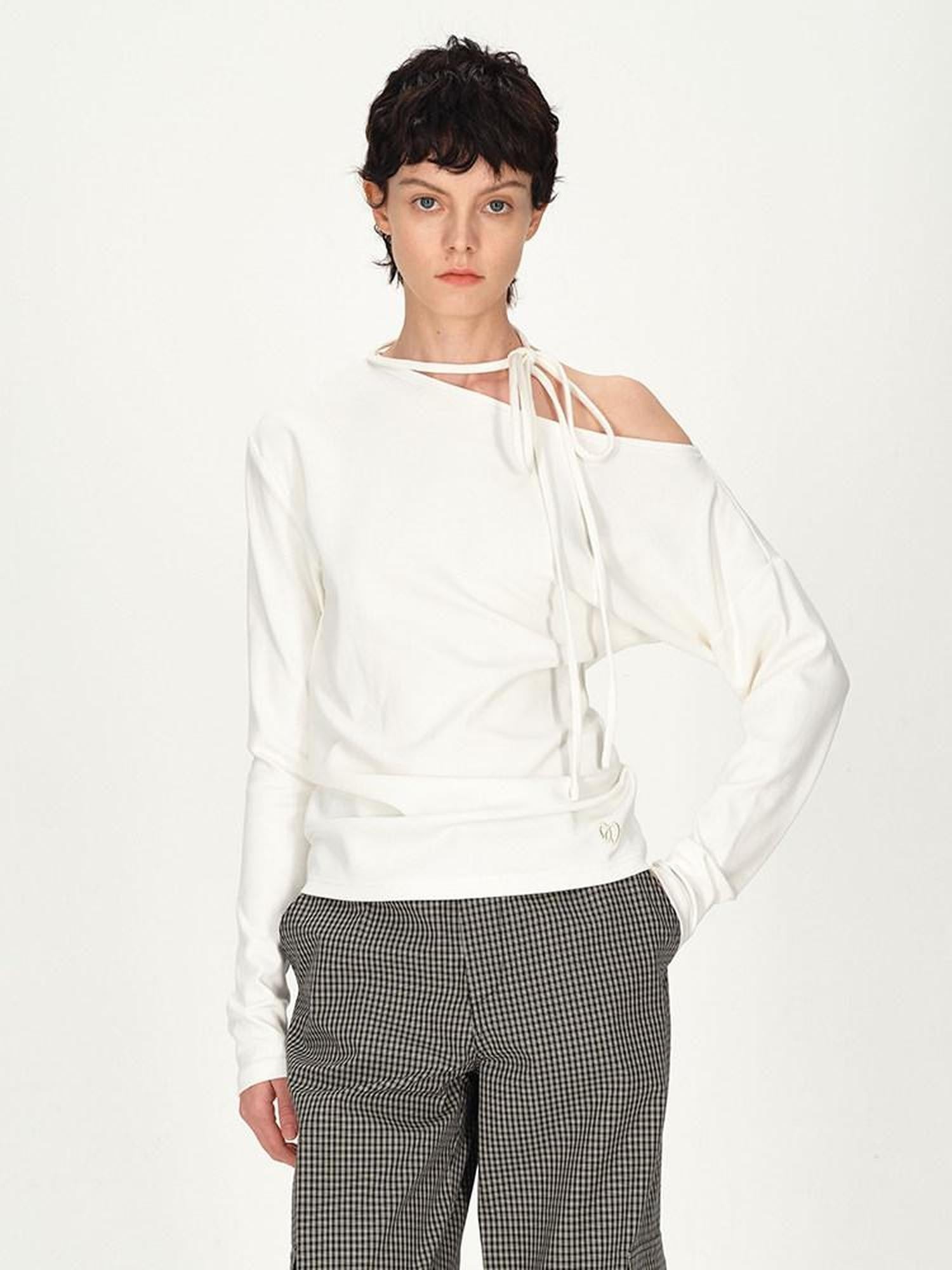 AFTADAWN White Asymmetric One Shoulder Tie Ruched Women&