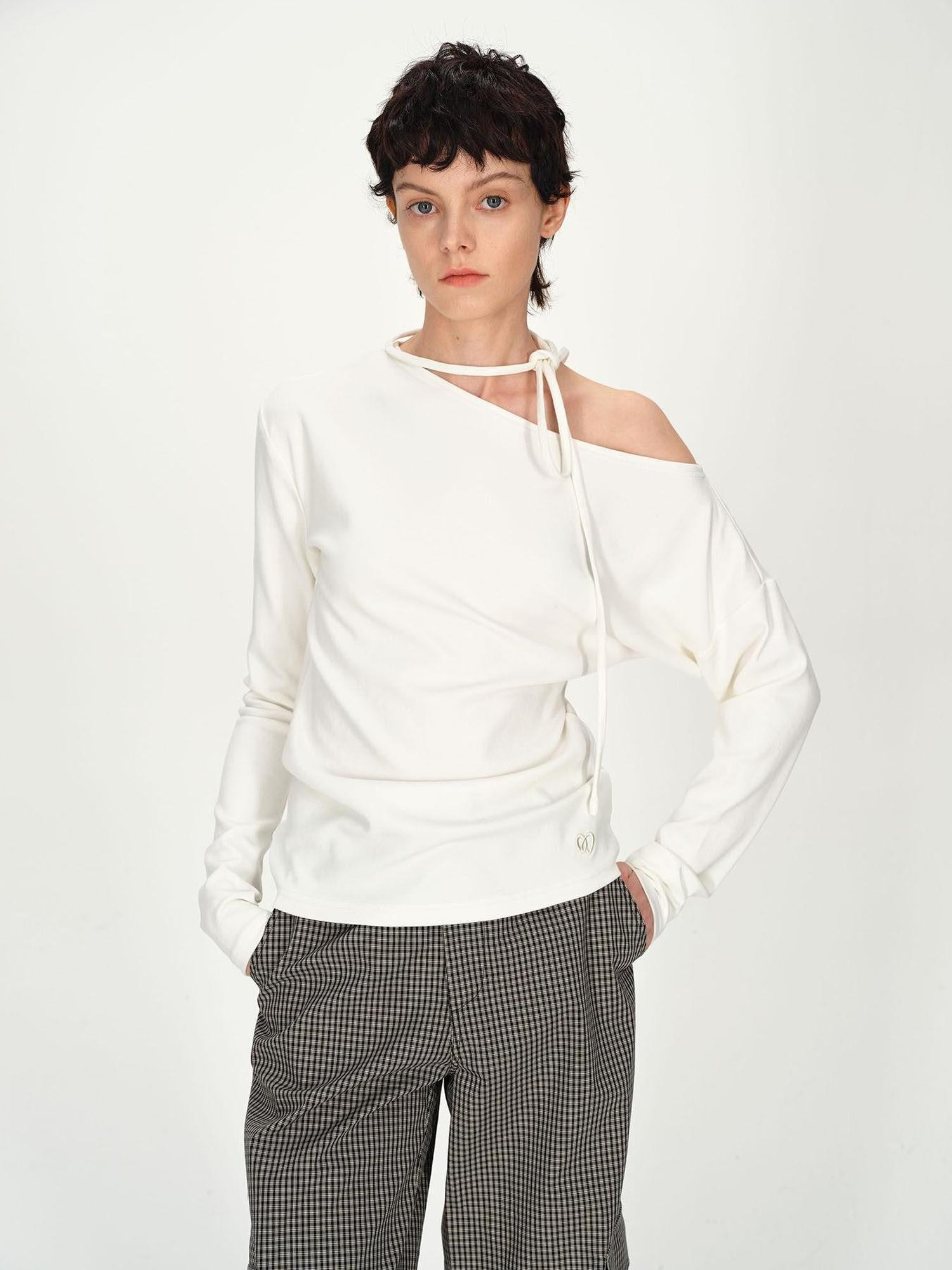 AFTADAWN White Asymmetric One Shoulder Tie Ruched Women&