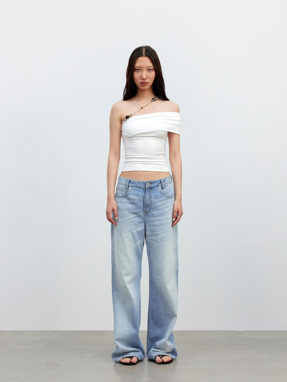 AFTADAWN White Asymmetrical Beaded Drawstring Slim Women&