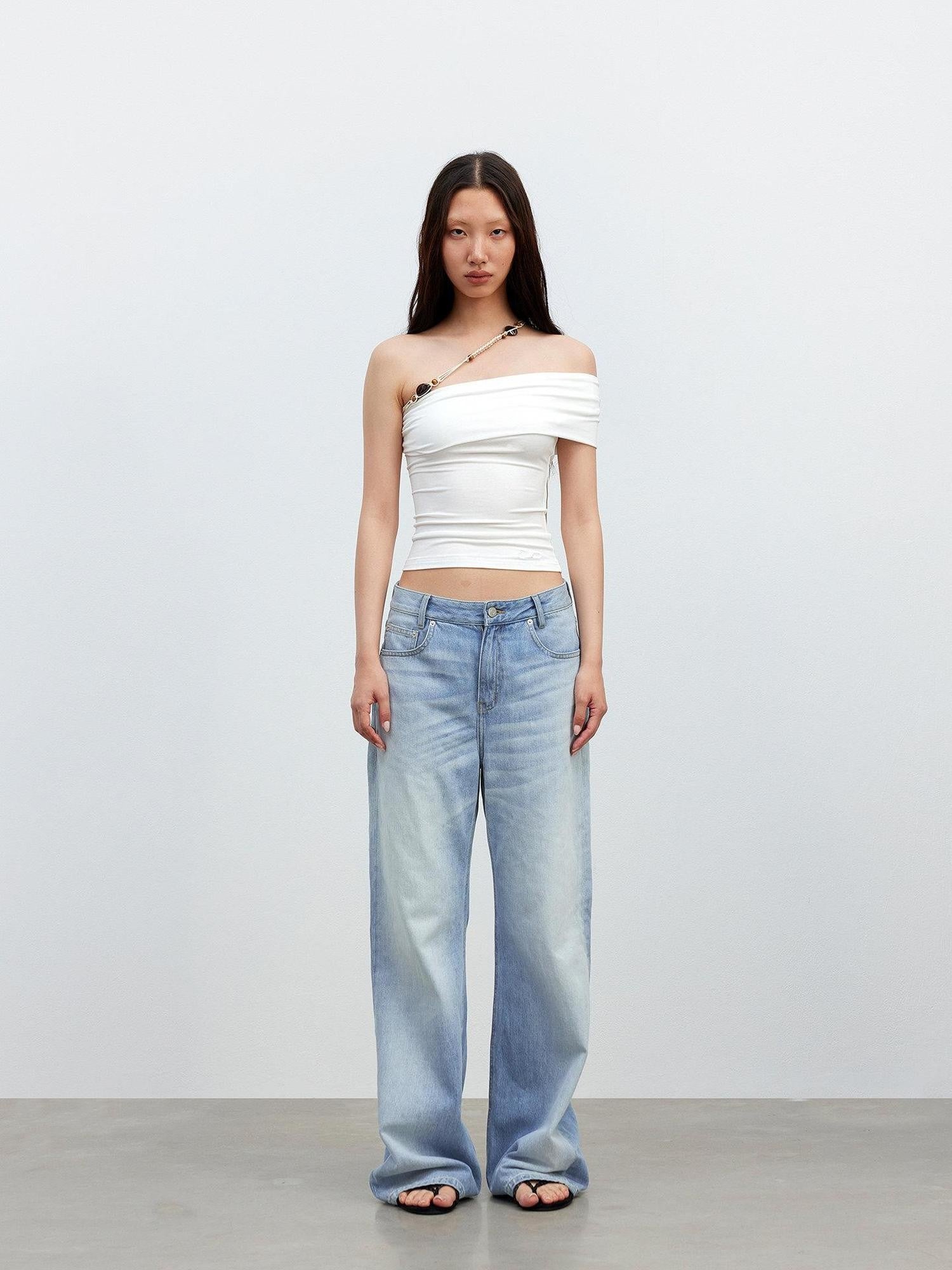 AFTADAWN White Asymmetrical Beaded Drawstring Slim Women&