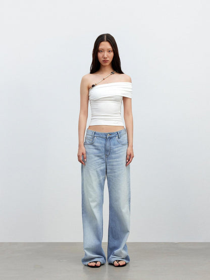 AFTADAWN White Asymmetrical Beaded Drawstring Slim Women&
