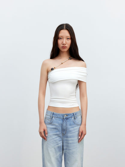 AFTADAWN White Asymmetrical Beaded Drawstring Slim Women&