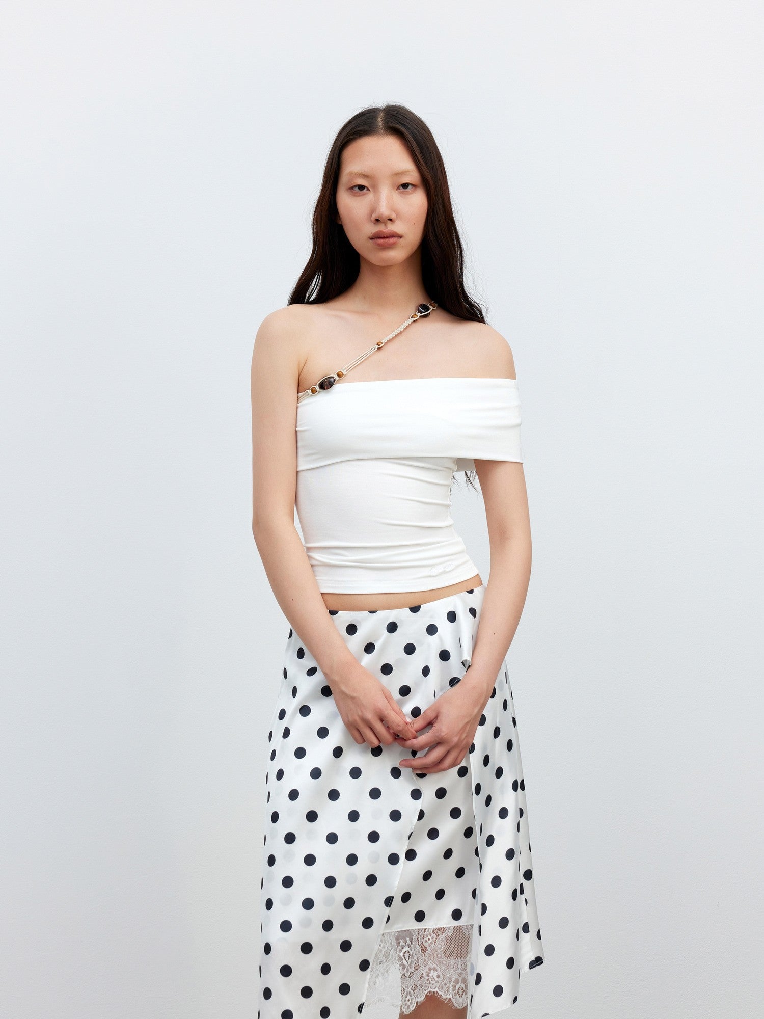 AFTADAWN White Asymmetrical Beaded Drawstring Slim Women&