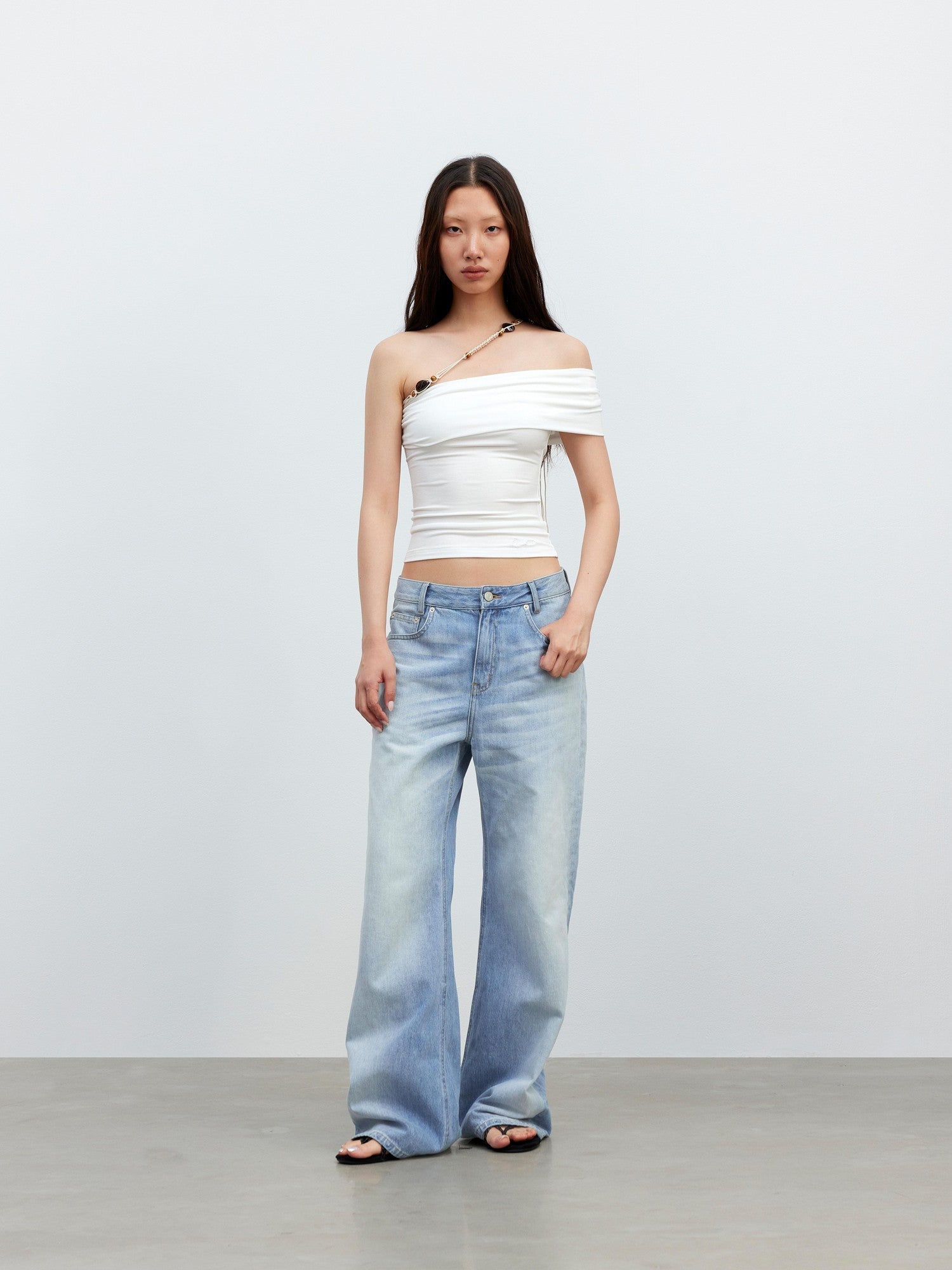 AFTADAWN White Asymmetrical Beaded Drawstring Slim Women&
