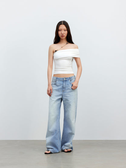 AFTADAWN White Asymmetrical Beaded Drawstring Slim Women&