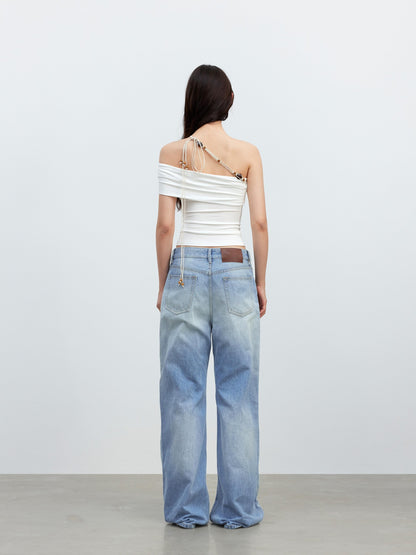 AFTADAWN White Asymmetrical Beaded Drawstring Slim Women&