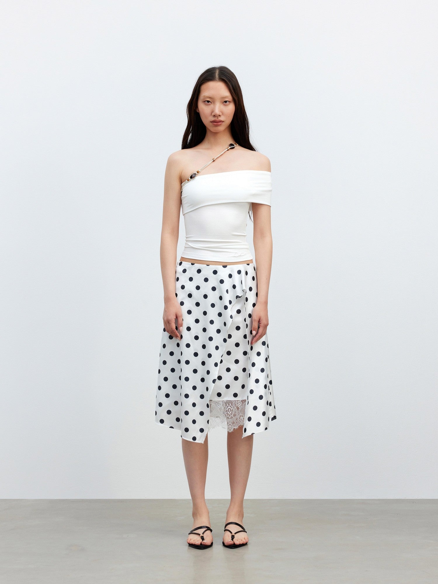 AFTADAWN White Asymmetrical Beaded Drawstring Slim Women&
