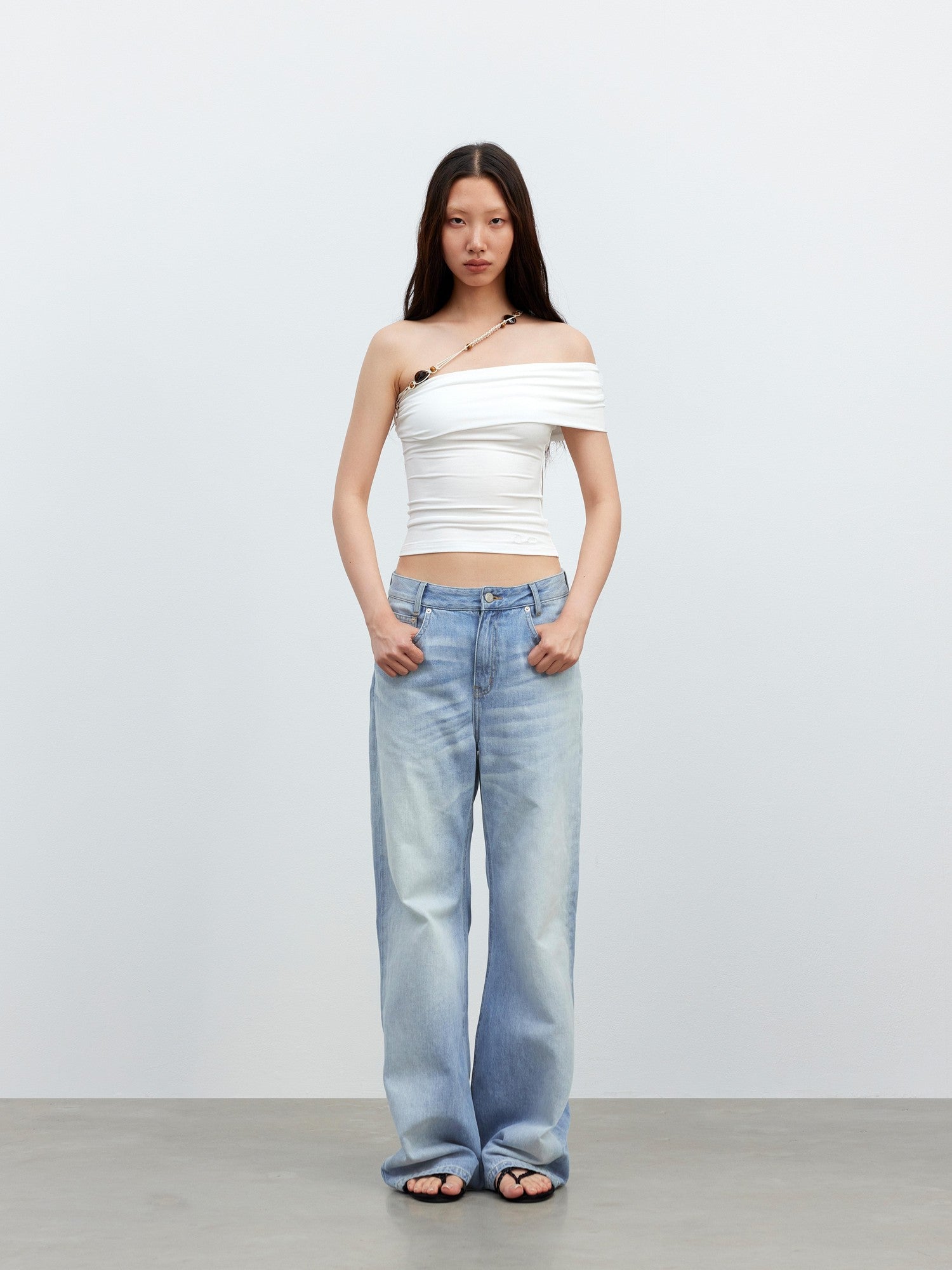 AFTADAWN White Asymmetrical Beaded Drawstring Slim Women&