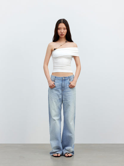AFTADAWN White Asymmetrical Beaded Drawstring Slim Women&