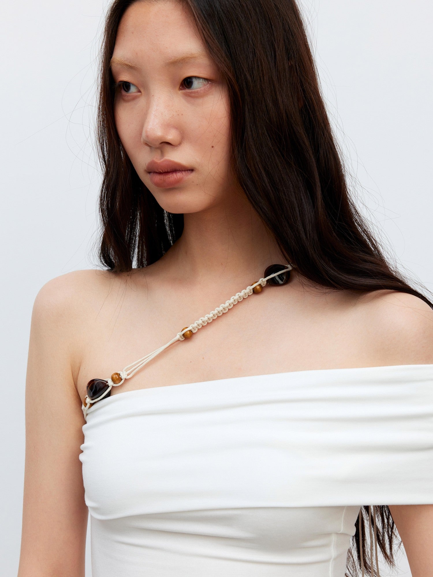 AFTADAWN White Asymmetrical Beaded Drawstring Slim Women&