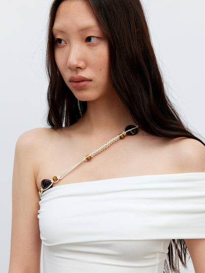 AFTADAWN White Asymmetrical Beaded Drawstring Slim Women&