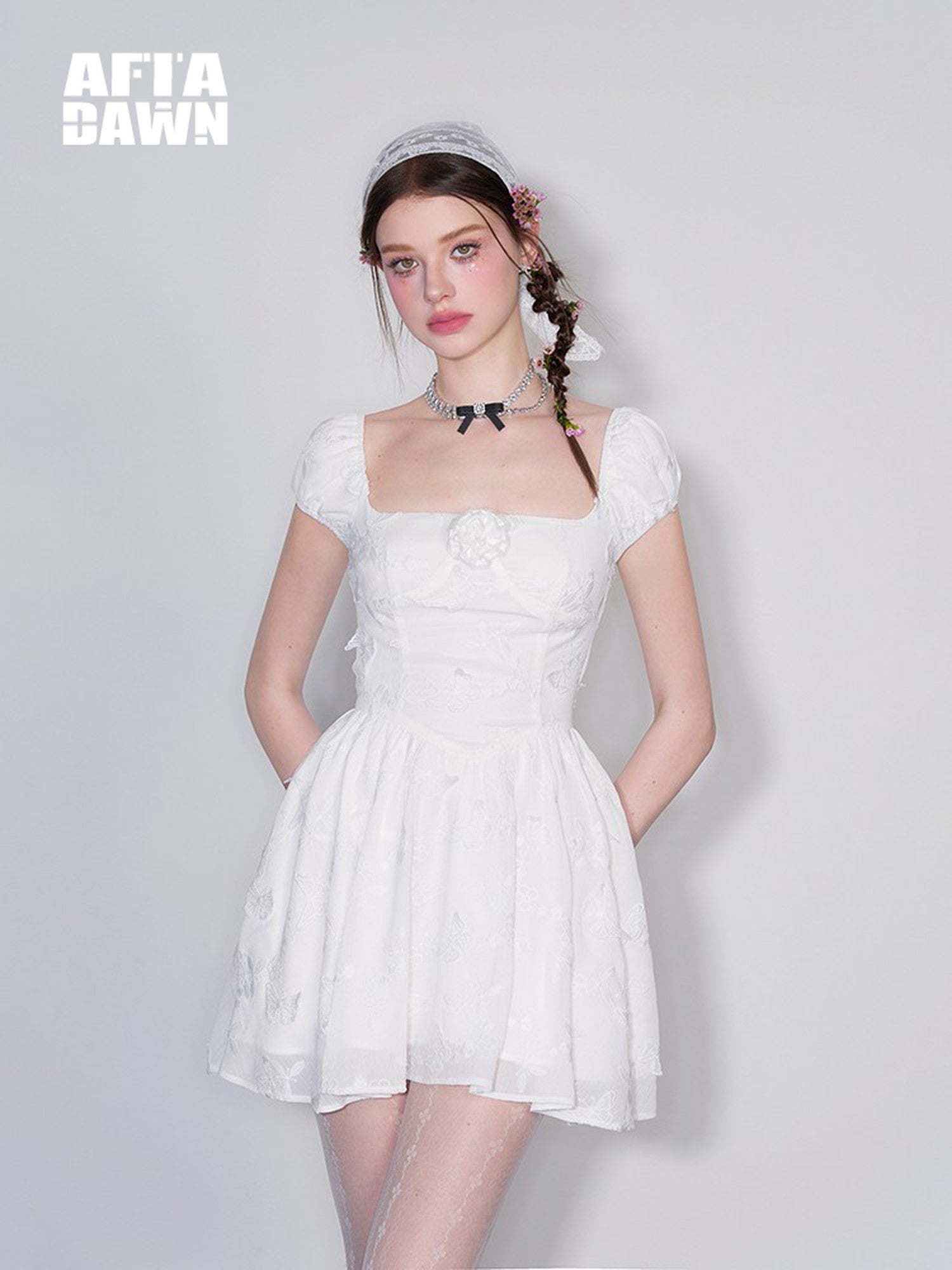 AFTADAWN White Butterfly Jacquard Embroidered A Line Women&