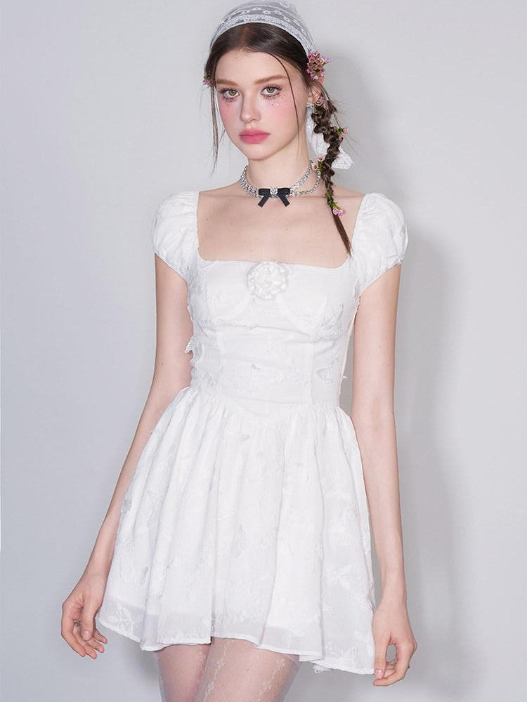 AFTADAWN White Butterfly Jacquard Embroidered A Line Women&