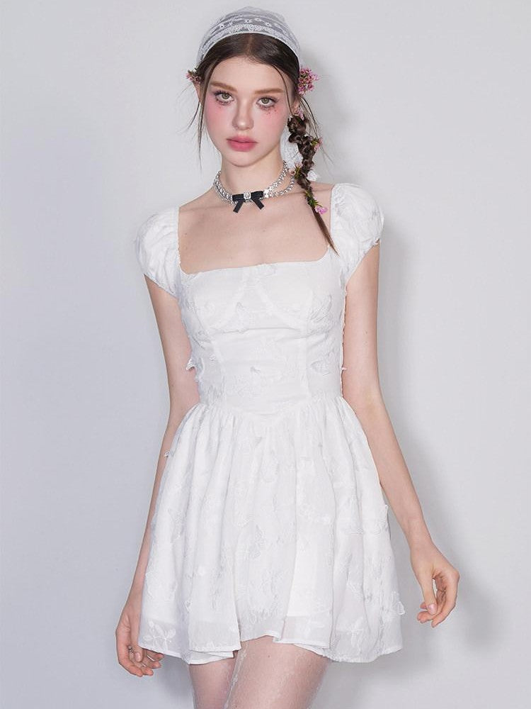 AFTADAWN White Butterfly Jacquard Embroidered A Line Women&