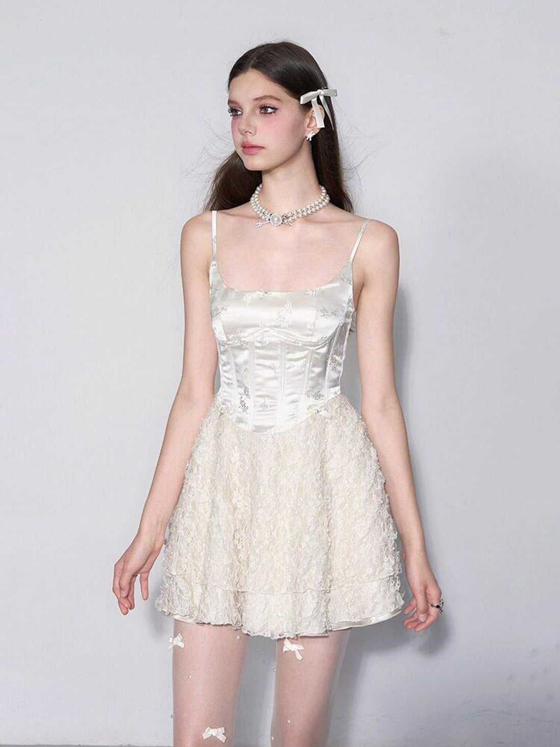 AFTADAWN White Embroidered Lace Boned Puff High Waist Women&