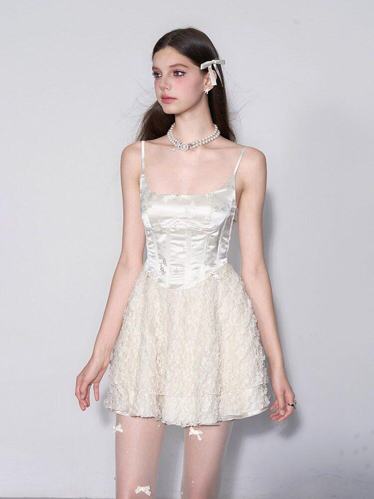 AFTADAWN White Embroidered Lace Boned Puff High Waist Women&