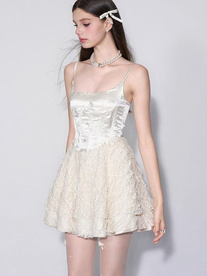 AFTADAWN White Embroidered Lace Boned Puff High Waist Women&