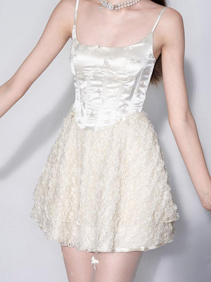 AFTADAWN White Embroidered Lace Boned Puff High Waist Women&