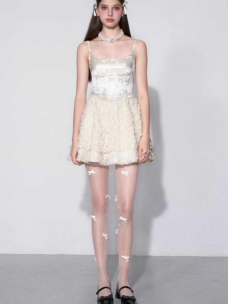 AFTADAWN White Embroidered Lace Boned Puff High Waist Women&