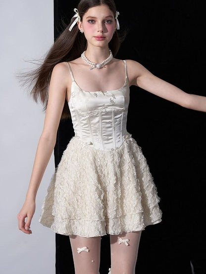 AFTADAWN White Embroidered Lace Boned Puff High Waist Women&