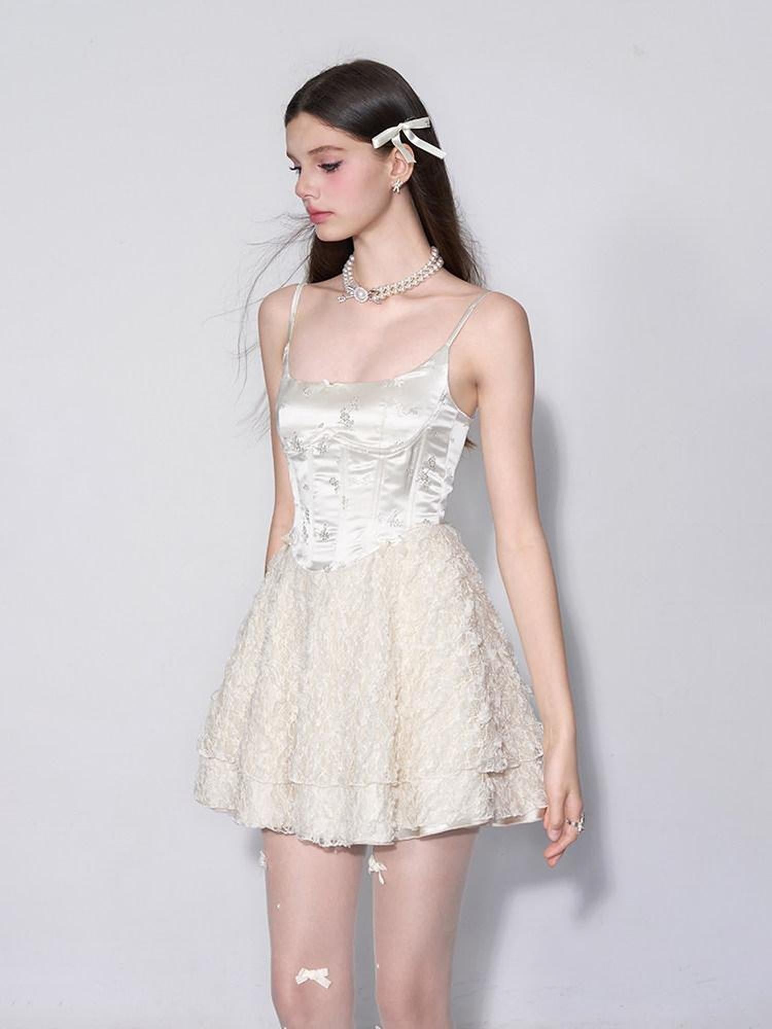 AFTADAWN White Embroidered Lace Boned Puff High Waist Women&