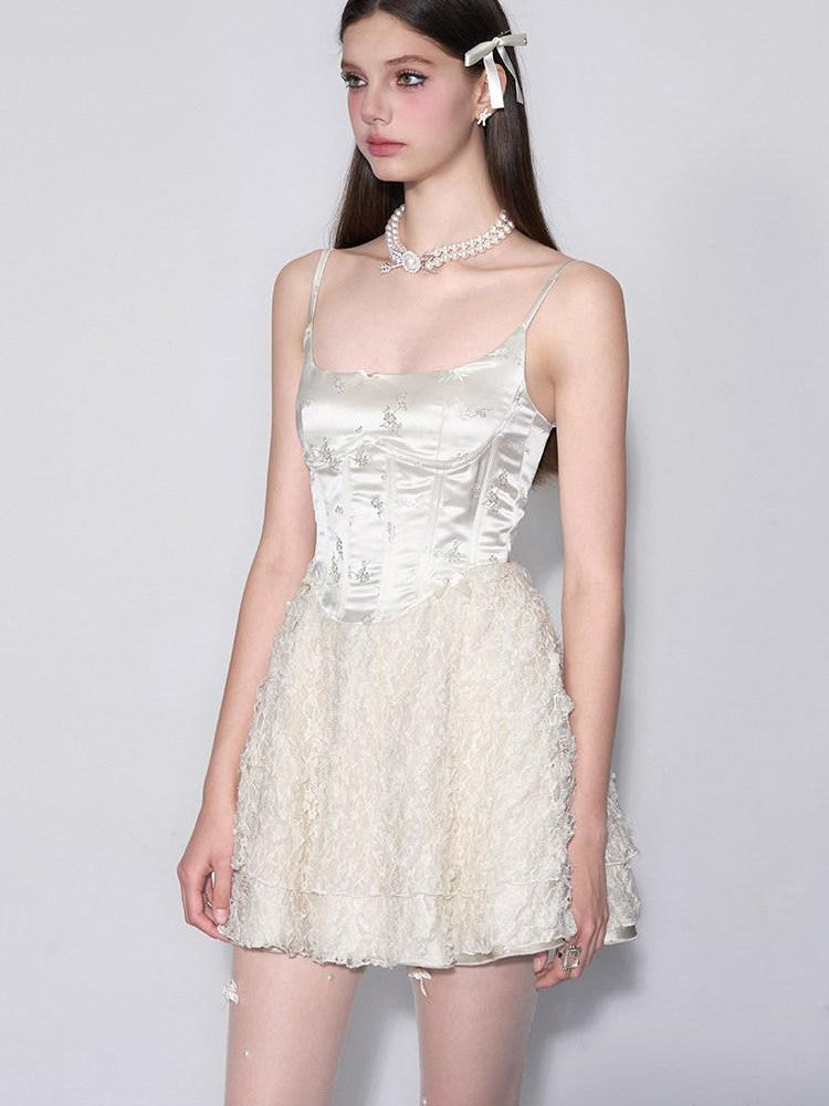 AFTADAWN White Embroidered Lace Boned Puff High Waist Women&