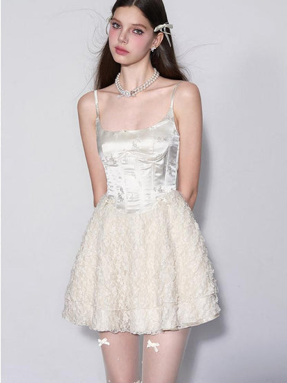 AFTADAWN White Embroidered Lace Boned Puff High Waist Women&